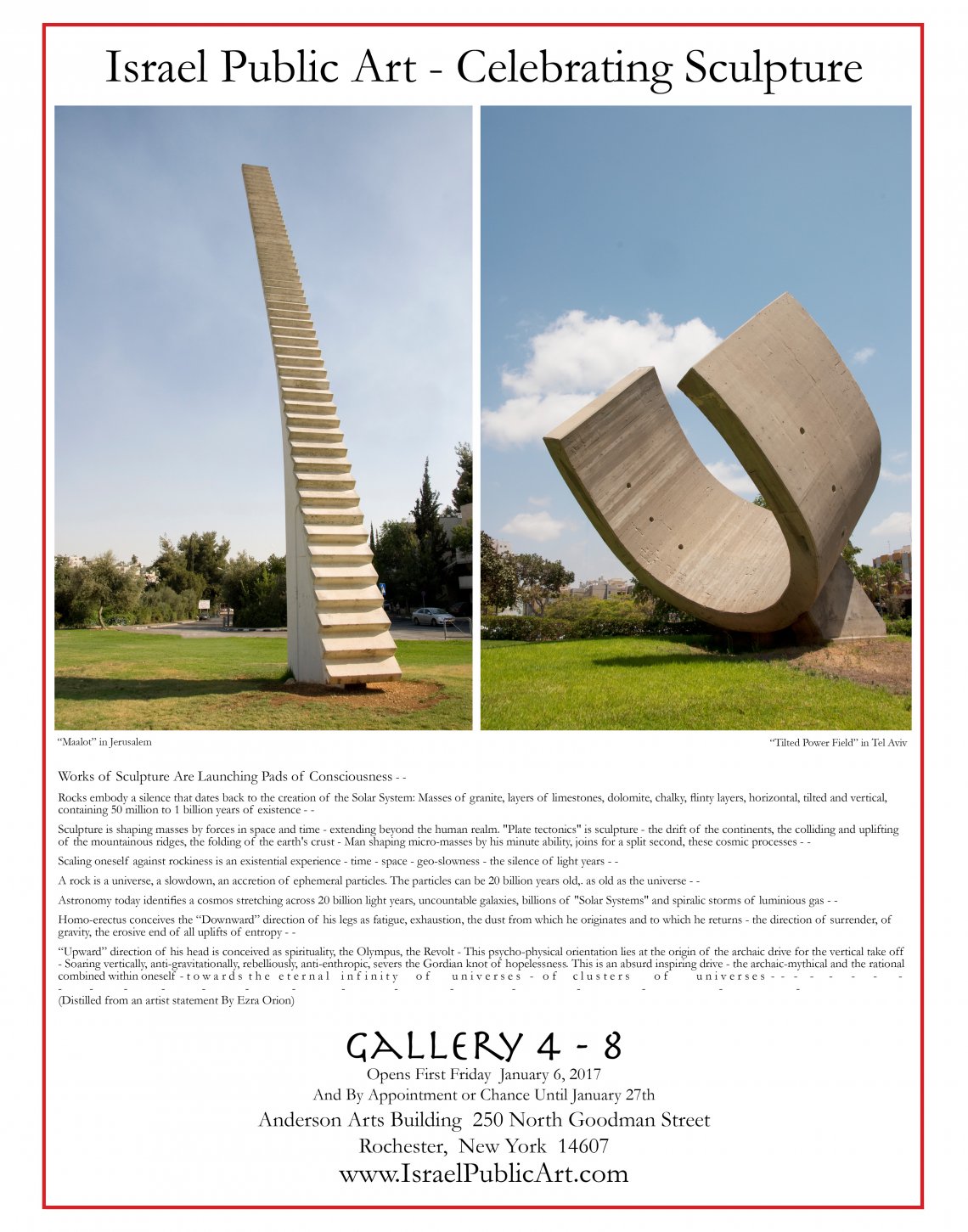 Israel Public Art—Celebrating Sculpture | Gallery 4 - 8 | Opens First Friday January 6, 2017 | And by Apointment or Chance Until January 27 | Anderson Arts Building 250 North Goodman Street | Rochester, NY 14607